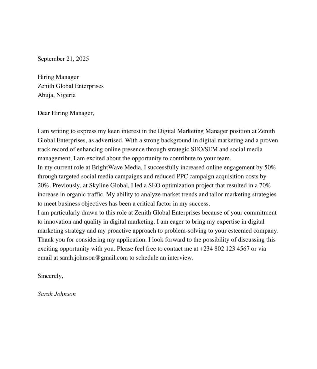 Professional Business Cover Letter Template with company addressing and signature