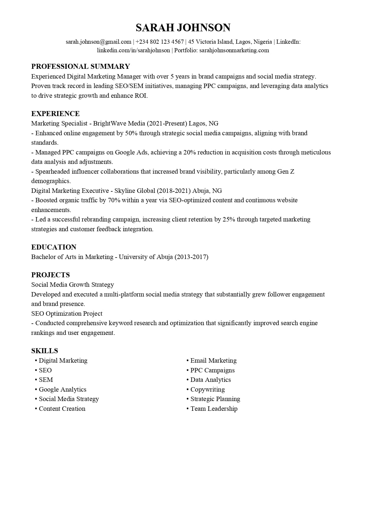 Minimalist resume template with centered name, clean sections, and ATS-friendly formatting